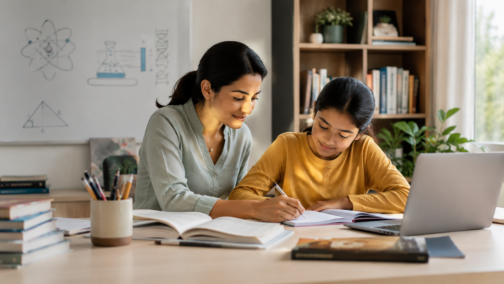 Indian parent and child reviewing textbooks and learning materials together