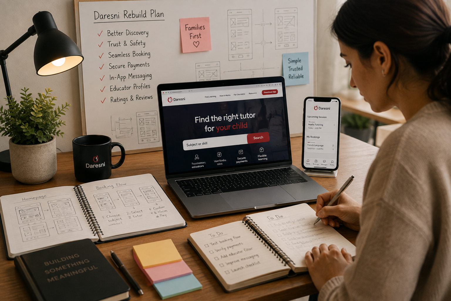 A modern workspace with planning materials and digital product screens representing the rebuilding of the Daresni platform.